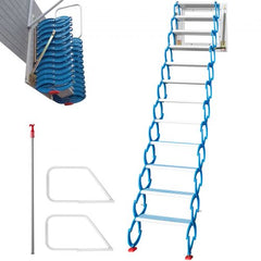 Blue alloy pull-down attic ladder with 12 steps, 9.8 ft reach, and handrails.