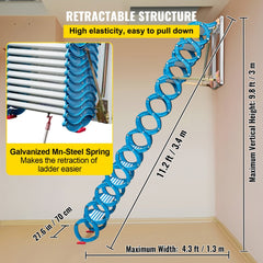 Blue alloy pull-down attic ladder with 12 steps, 9.8 ft height, and spring-assisted retraction.