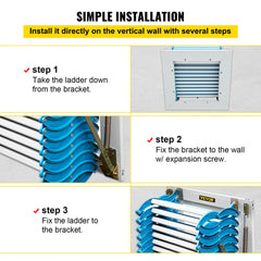 Infographic showing 3-step wall installation of a blue alloy pull-down attic ladder.