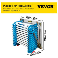 Blue alloy pull-down attic ladder with 12 white steps, 9.8 ft height, and dimensions shown.