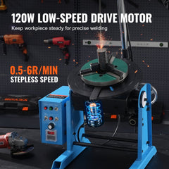 Blue Bostome rotary welding positioner with 120W motor, 0.5-6 RPM speed, and 50KG capacity on workbench.