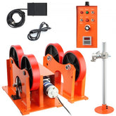 Orange 110V welding turning rolls with PU rollers, motor, control panel, foot pedal, and torch stand for 1000kg loads.