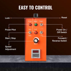 Orange control panel for welding turning rolls with buttons for power, start/stop, auto, lock, speed adjustment knob, and digital display.