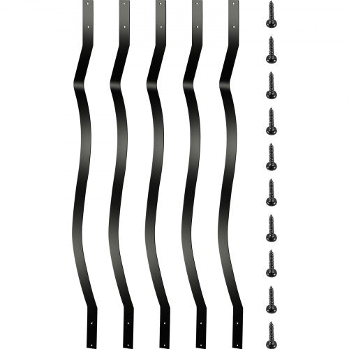 Black aluminum deck balusters, 32.25 inches long, with a modern curved design and pre-drilled holes.