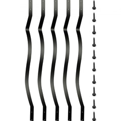 Black aluminum deck balusters, 32.25 inches long, with a modern curved design and pre-drilled holes.