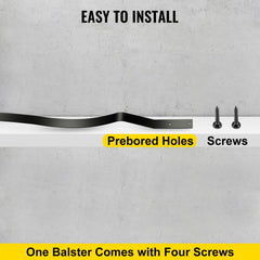 Black aluminum deck balusters, 32.25 inches long, with a modern curved wave design.