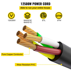 Heavy-duty 30ft 50 Amp RV extension cord with copper construction and weatherproof connectors.