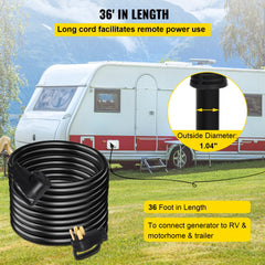 36-foot 50 amp RV extension cord with 6AWG copper STW construction, coiled beside an RV.