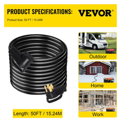 50-foot heavy-duty black 50-amp RV extension cord with STW jacket, coiled, shown in outdoor, home, and work settings.