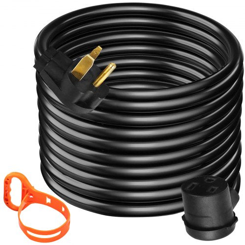 50ft black 8AWG welder extension cord with NEMA 6-50P plug and R receptacle, orange strap.