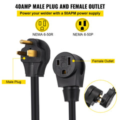 50ft 8AWG welder extension cord with NEMA 6-50P male plug and NEMA 6-50R female outlet.