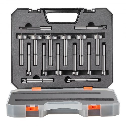 16-piece Forstner bit set made of carbon steel for precise woodworking drilling.