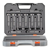 16-piece Forstner bit set made of carbon steel for precise woodworking drilling.
