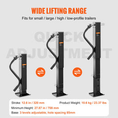 Bostome 12000 lb welding-on trailer tongue jack with adjustable height from 27.87 inches and ergonomic handle.