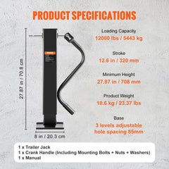 Black steel trailer tongue jack with ergonomic handle and adjustable height measurements shown.