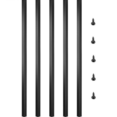 Black square aluminum deck balusters, 32 inches long, in a pack of 101 for easy installation.