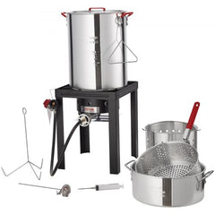 Bostome 30-quart turkey fryer and 10-quart fish steamer cooker set with propane burner.