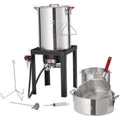 Bostome 30-quart turkey fryer and 10-quart fish steamer cooker set with propane burner.