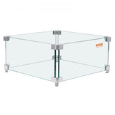 Square tempered glass wind guard for fire pits, 15x15x7 inches, with metal brackets.