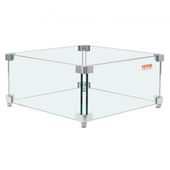 Square tempered glass wind guard for fire pits, 15x15x7 inches, with metal brackets.