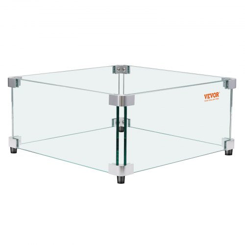 Clear tempered glass wind guard for a square gas fire pit, featuring four panels and aluminum connectors.