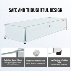 Rectangular glass wind guard with polished edges and heat-resistant pads for fire pits.