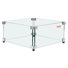 Clear tempered glass wind guard with four panels for gas fire pits, 19 inches square.