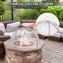 Round 30" stainless steel fire pit spark screen lid with dual handles and tight mesh design.