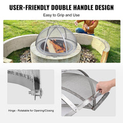 Round 30-inch stainless steel fire pit spark screen lid with dual handles and tight mesh design.