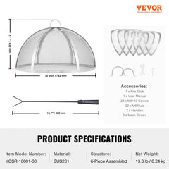 Round 30" stainless steel fire pit spark screen lid with dual handles and tight mesh design.