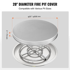Stainless steel fire pit cover lid with a 20-inch diameter, designed for spark protection.
