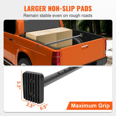 Orange pickup truck bed with box secured by adjustable steel cargo bar featuring large non-slip rubber pads.