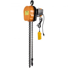 Orange electric chain hoist with 1100lbs capacity, chain, and yellow remote control.