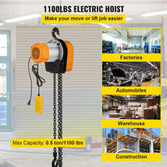 Orange 1100lbs electric chain hoist with yellow remote, 10ft chain, and hook.