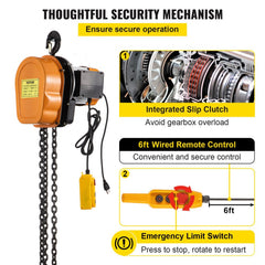 Orange 1100lbs electric chain hoist with 6ft wired remote, integrated slip clutch, and emergency limit switch.