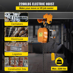 Orange 2200lbs electric hoist winch with remote control and 10ft lift chain, shown in warehouse and construction use.