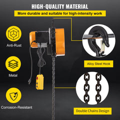 Bostome electric hoist with alloy steel hook, double chains, and wired remote control.