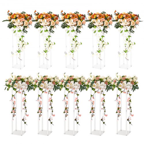 Ten 23.6-inch acrylic geometric flower stands with orange and white floral arrangements.