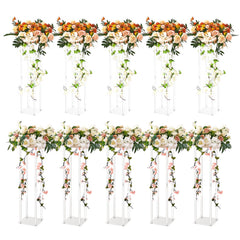 10 geometric acrylic flower stands with white bases and orange and white floral arrangements.