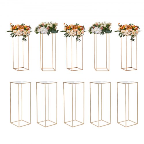 Set of 10 gold iron flower stands, 31.5 inches tall, with clear acrylic toppers for weddings.