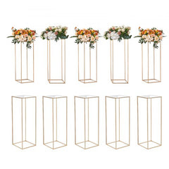 Set of 10 gold iron flower stands, 31.5 inches tall, with clear acrylic toppers for weddings.