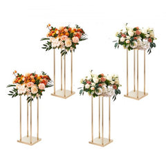 Four gold metal column flower stands, each 23.6 inches high, designed for wedding decor.