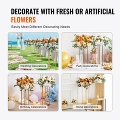 Four gold metal flower stands, each 23.6 inches high, designed for elegant wedding decor.