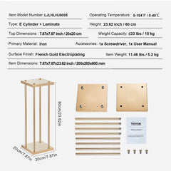 Four gold metal column flower stands, each 23.6 inches high, with a sleek design.