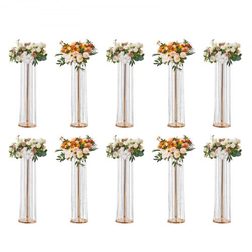 Ten 35.43-inch gold metal crystal flower stands with white and orange floral arrangements.