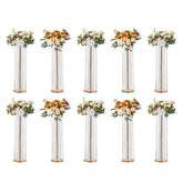 Ten 35.43-inch gold metal crystal flower stands with white and orange floral arrangements.