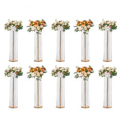 Ten 35.43-inch gold metal crystal flower stands with white and orange floral arrangements.