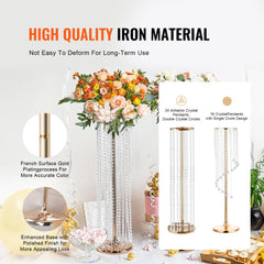 Ten gold metal crystal flower stands, each 35.43 inches tall with double crystal chains and enhanced base.