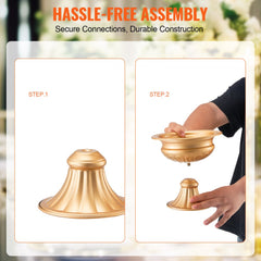 Two gold metal flower vases: one assembled at 6.3 inches tall, one showing base attachment.