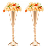Gold metal trumpet vase set of 10, each 16.9 inches tall, designed for elegant table decor.
